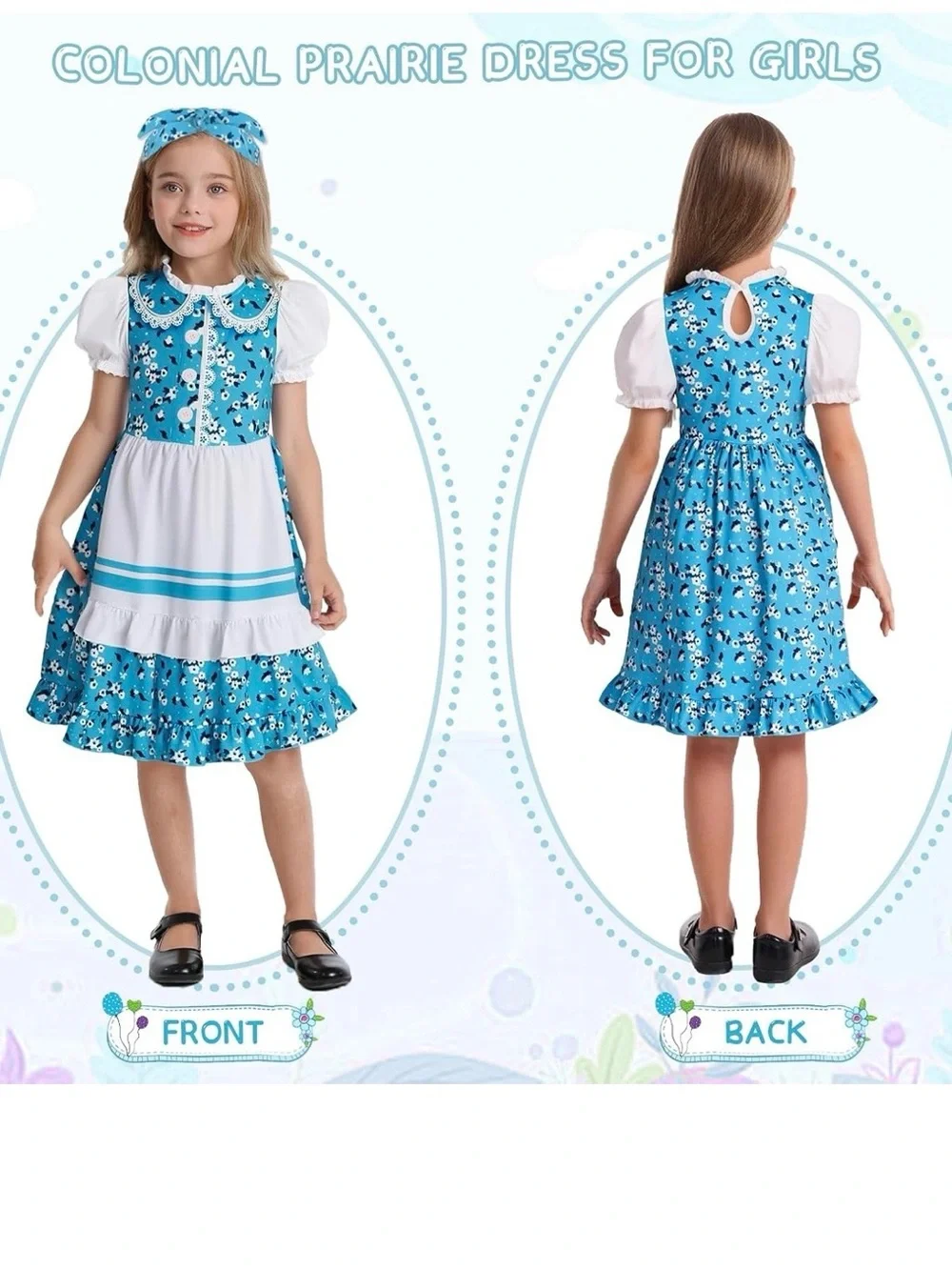 Blue Floral Prairie Dress Costume with White Apron and Headband
